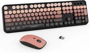 FOR-Wireless Keyboard and Mouse Combo - 2.4G Full-Sized Cute Colorful Mouse and Keyboard with 104 Round Keys Retro Typewriter Keyboard for Laptop/Windows/PC - Pink Gradient