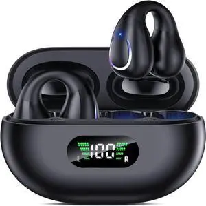 FOR-Open Ear Clip Wireless Earbuds with Bluetooth 5.3: Built-in Mic, Earhooks, Wireless Charging Case with Display, IPX4 Waterproof for Running