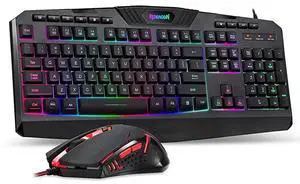 FOR-S101 Wired Gaming Keyboard and Mouse Combo RGB Backlit Gaming Keyboard with Multimedia Keys Wrist Rest and Red Backlit Gaming Mouse 3200 DPI for Windows PC Gamers Black
