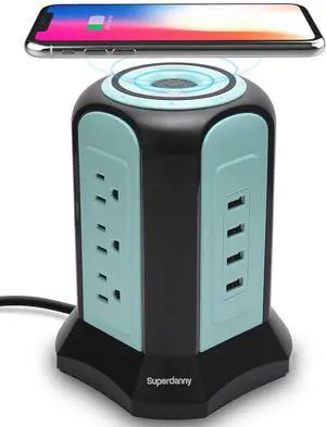 FOR-SUPERDANNY 10ft Power Strip Tower Wireless Charger Surge Protector Extension Cord 10A 9-Outlet 4 USB 4.5A Fast Speed Charging Electrical Station Universal Socket for Laptop Phone Black and Blue