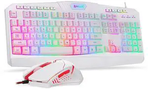FOR-S101 Wired Gaming Keyboard and Mouse Combo RGB Backlit Gaming Keyboard with Multimedia Keys Wrist Rest and Red Backlit Gaming Mouse 3200 DPI for Windows PC Gamers (White)