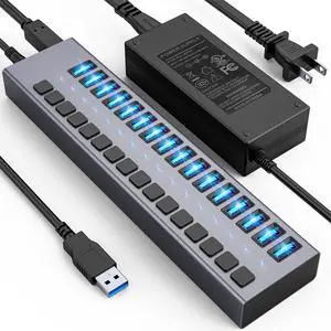 FOR-Powered USB Hub - 16 Ports 90W USB 3.0 Data Hub Individual On/Off Switches 12V/7.5A Power Adapter 5Gbps High Speed USB 3.0 Splitter for Laptop PC Computer Mobile HDD Flash Drive