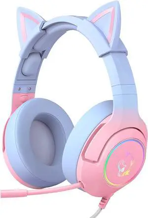 FOR-Gaming Headset for PS4 PS5 Xbox One(No Adapter) Cat Ear Headphones with Noise Cancelling Microphone RGB Backlight Surround Sound for PC Mobile Phone Gradient Pink Blue