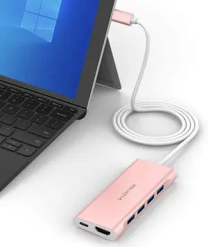 FOR-3.3FT Long Cable USB C Multiport Hub with 4K HDMI 4 USB 3.0 Type C Charging Compatible 2021-2016 MacBook Pro New Mac Air Other USB C Devices Stable Driver Adapter (C35-1M Rose Gold)