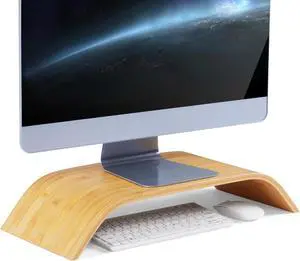 FOR-21in Large Single Monitor StandPremium Natural Bamboo Wood Computer Stand Monitor Riser for ComputerLaptopNo Assembly Required