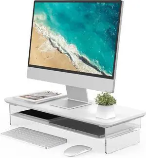 FOR-23.6 Inches Monitor Stand with Metal Storage, 2 Tier Acrylic Computer Riser for Desk, Clear Laptop Stand White
