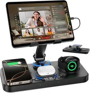 FOR-30W Charging Station for Apple Products, Foldable Wireless Charger with Clock Display&7 Color Light