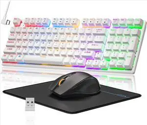 FOR-98 Keys RGB Backlit Blue Switch Keyboards, Ergonomic Wireless Gaming Mice with Mouse Pad, 3-Mode USB-C/2.4G/BT5.0, Anti-Ghosting for PC Laptop Gamer