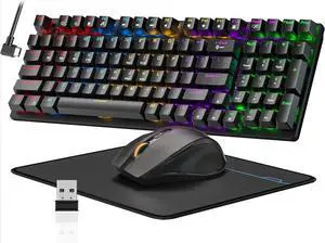 FOR-98 Keys RGB Backlit Blue Switch Keyboards, Ergonomic Wireless Gaming Mice with Mouse Pad, 3-Mode USB-C/2.4G/BT5.0, Anti-Ghosting for PC Laptop Gamer