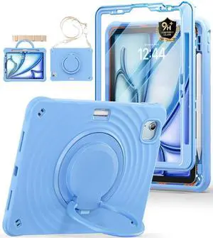 FOR-Case for iPad Air 11 inch M3 (2025) / M2 (2024),with Class Screen Protector,360° Rotating Stand, Pencil Holder,SkyBlue