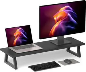 FOR-31.5 inch Dual Monitor Riser, Long Black Monitor Stand Riser Wide TV Stand Riser Monitor Stand for 2 Monitors Wood & Steel Desktop Riser Desk Organization