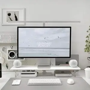 FOR-Bamboo Monitor Stand Riser with Acrylic Legs for Desk, 31.5 Inches Desktop Shelf Supports for PC Computer Monitor, Laptops, Printer, Speakers (White)