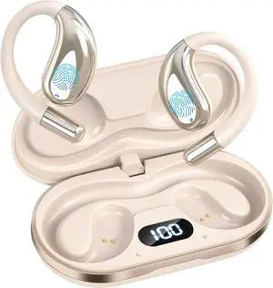 FOR-Bluetooth 5.4,Open Ear Design,Built-in Mic, LED Display Charging Case,Ear Hooks Ear Buds Design for Running Fitness ,Khaki