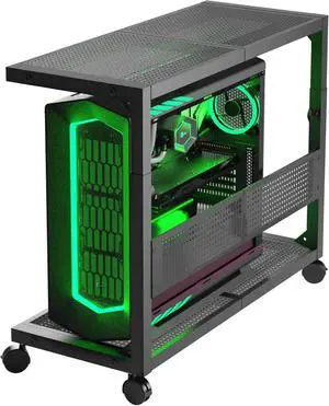 FOR-Computer Tower Stand - Height Adjustable 2-Tier ATX-Case PC Stand Rack Pegboard with Rolling Wheels & Mousepad for Home Office Gaming Accessories