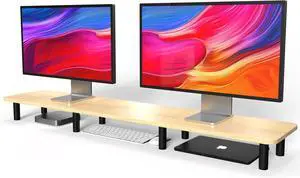 FOR-Dual Monitor Riser, Wide TV Stand for 2 Monitors, Wood & Steel Leg Adjustable Height Desktop Riser, Home Office Organization. (Natural)