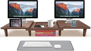 FOR-Dual Monitor Stand Riser -  with Storage for Phone/Mug - Home/Office Desk Organizer with Adjustable Length & Angle -  for PC, Laptop, & more (Brown)