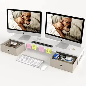 FOR-Dual Monitor Stand Riser with 2 Drawers - 39Inch Large Storage Computer Monitor Stands for 2 Monitors for Home Office Desk, Computer, Laptop, White