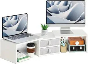 FOR-Dual Monitor Stand Riser with 2 Drawers - Length and Angle Adjustable White Monitor Stand with Storage Large Computer Riser