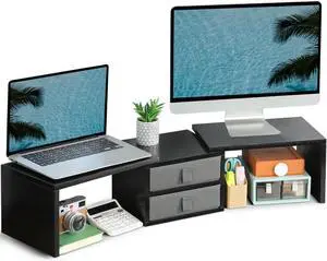 FOR-Dual Monitor Stand Riser with 2 Drawers-Length and Angle Adjustable 3 shelf Monitor Riser with Storage Desk Organizer