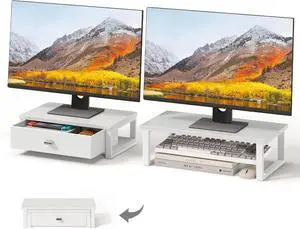 FOR-Dual Monitor Stand Riser with Drawers, Desk Organizers for 2 Monitors, Desktop Storage Stand for Computer,Laptop,White