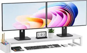 FOR-Dual Monitor Stand Riser, 41.5'' Extra Long Wood Monitor Stand Desktop Organizer Supports 2 Monitors,TV,Laptop, White