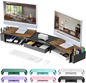 FOR-Dual Monitor Stand Riser, Desk Organizer With Drawer and 2 Pen Holders,Computer Monitor Stand, Desk Shelf for Top of Desk, Wood
