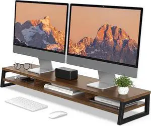 FOR-Dual Monitor Stand for Desk, 42.5in Large Monitor Riser for 2 Monitors, 2 Tier Computer Office Desk Top Shelf, Desktop Storage Stand