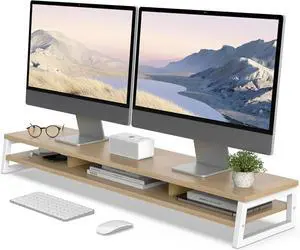 FOR-Dual Monitor Stand for Desk, 42.5in Large Monitor Riser for 2 Monitors, 2 Tier Computer Office Desk Top Shelf, Desktop Storage Stand