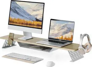 FOR-Dual Monitor Stand, 42.5 Inch Monitor Riser for Desk, Wood Desk Shelf for 2 Monitors, 2 Tier Monitor Shelf with Headphone Stand & Phone Holder