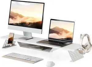 FOR-Dual Monitor Stand, 42.5 Inch Monitor Riser for Desk, Wood Desk Shelf for 2 Monitors, 2 Tier Monitor Shelf with Headphone Stand & Phone Holder