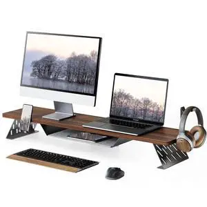FOR-Dual Monitor Stand, 42.5 Inch Monitor Riser for Desk, Wood Desk Shelf for 2 Monitors, 2 Tier Monitor Shelf with Headphone Stand & Phone Holder