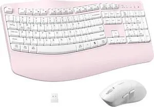 FOR-Ergonomic Wireless Keyboard and Mouse Combo, Wave Keys Keyboard with Wrist Rest for Natural Typing, 3 DPI Adjustable Ergonomic Silent Mouse (Pink)