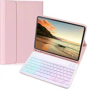 FOR-Keyboard Case for Fire HD 10/10 Plus 10.1 inch , Slim 7 Color Rainbow Backlight Detachable Magnetic Keyboard Cover with Pencil Holder (Pink+White)