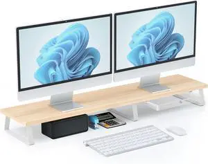 FOR-Large Dual Monitor Stand Riser - Monitor Stand for 2 Monitors,  Desk Organizers and Storage With Drawer, Desk Shelf for Computer/Laptop/Printer/TV