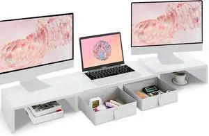FOR-Length and Angle Adjustable White Monitor Stand with 2 Drawers to Storage Large Computer Riser for 2 Monitors (White)