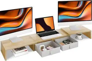 FOR-Length and Angle Adjustable White Monitor Stand with 2 Drawers to Storage Large Computer Riser for 2 Monitors/Laptop/PC