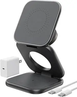 FOR-Magnetic Wireless Charger, Foldable 3 in 1 Travel Charging Station for iPhone 17/16/15/14/13/12, 5W for Apple Watch & AirPods, Gray