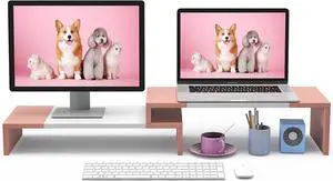 FOR-Monitor Stand Riser - 2 Shelf Computer Monitor Stand with Adjustable Length and Angle, Monitor Stands for 2 Monitors, Desktop Organizer Stand