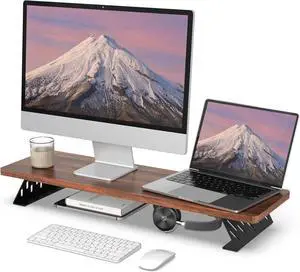 FOR-Monitor Stand Riser, Desk Top Shelf for 2 Monitors, Computer Stands for Desk, Wood & Steel Desktop Riser for Laptop, PC, Printer