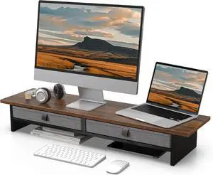 FOR-Monitor Stand with Drawer, 2 Tiers Dual Monitor Riser for Desk, 35 Inch Computer Stand