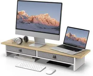 FOR-Monitor Stand with Drawer, 2 Tiers Dual Monitor Riser for Desk, 35 Inch Computer Stand for 2 Monitors, Desk Shelf