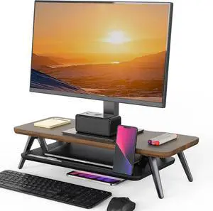 FOR-Monitor Stand, Monitor Stands Riser for Desk, 23.6 Inch Wood Desk Shelf with Storage Organizer and Cable Management for Office Desk Accessories