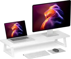 FOR-White Dual Monitor Riser - 31.5 inch Wide TV Stand for 2 Monitors - Wood & Steel Desktop Riser for Dual Screen Office Desk Organization