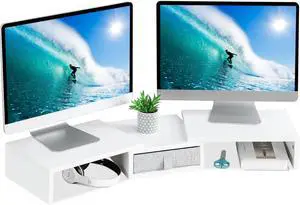 FOR-White Dual Monitor Stand Riser with Drawer - Length and Angle Adjustable Double Corner Desk Shelf Organizer 37 inch Long