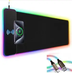 FOR-RGB Gaming Mouse Pad Wireless Charging 15W with LED Cable, XXL Large Mousepad 800x300x4mm with 13 Light Modes Waterproof Computer Mat