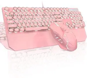 FOR-Typewriter Mechanical Gaming Keyboard and Mouse Combo, RGB Rainbow Backlit Wired Keyboard for Game and Office, for Windows Laptop PC(Pink)