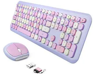 FOR-Wireless Keyboard and Mouse Combo, Colorful Ergonomic Full Size Retro Low-Noise Keyboard with Cute keycaps, Compatible with Windows (Purple)