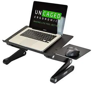 FOR-BEST Adjustable Laptop Cooling Stand & Lap Desk for Bed Couch w/ Mouse Pad. Ergonomic height angle tilt aluminum desktop tray portable macbook pro computer riser table cooler folding holder