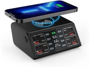 USB Charger, 100W 8 Port Multiple USB Charging Station with 4 Quick Charge 3.0, 4 USB C PD Port, Wireless Charger, LCD Display Fast USB Charging Hub for i-Phone 13 12 i-Pad Sam-sung and More USB Charger, 100W 8 Port Multiple USB Charging Station with 4 Quick Charge 3.0, 4 USB C PD Port, Wireless Charger, LCD Display Fast USB Charging Hub for i-Phone 13 12 i-Pad Sam-sung and More