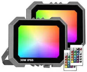 2 Pack RGB LED Flood Light 30W, 300W Equivalent 3000 LM Outdoor Landscape Flood Lights with 2 Remote, IP66 Waterproof Outdoor Light for Christmas Party Stage Uplight Wall Wash 2 Pack RGB LED Flood Light 30W, 300W Equivalent 3000 LM Outdoor Landscape Flood Lights with 2 Remote, IP66 Waterproof Outdoor Light for Christmas Party Stage Uplight Wall Wash
